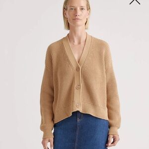 Quince fisherman organic cotton knit button cardigan sweater tan M medium NEW